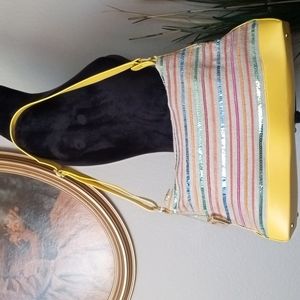 ST JOHN Sport Yellow Canvas w Sequin Stripes Large Satchel Shoulder Bag